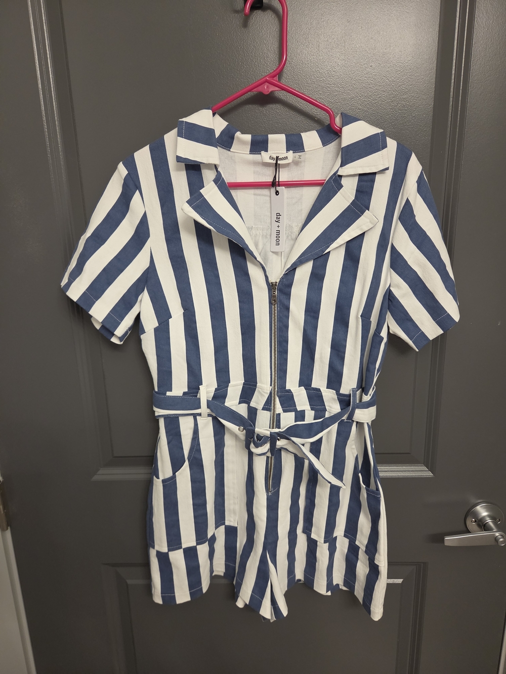 Striped Zip-Front Short Sleeve Romper in Blue & White
